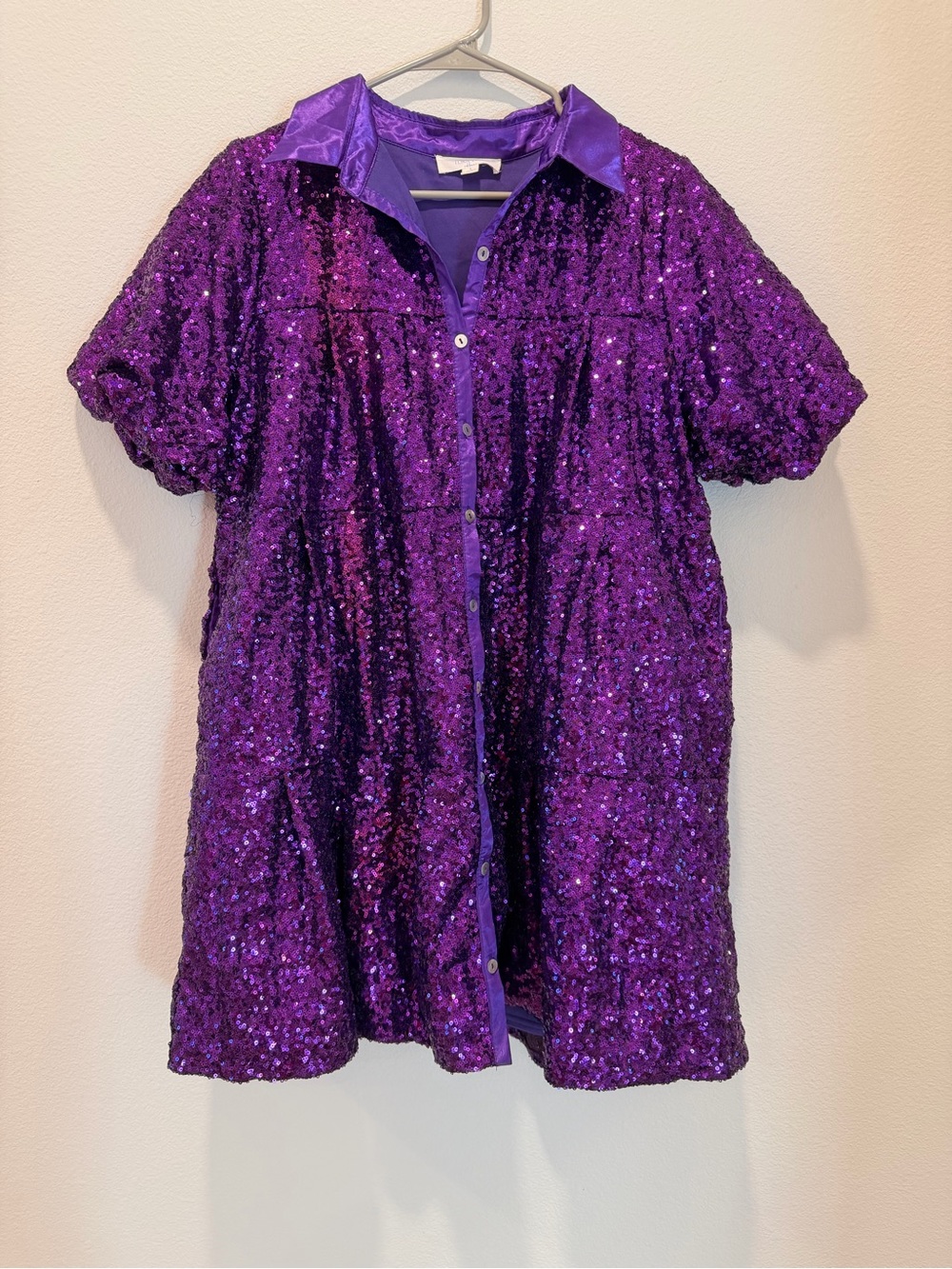Purple Sequin Button-Up Shirt Dress